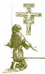 Frans bad foran et gammelt krucifiks i et forfaldent kapel, Skt. Damians, nedenfor Assisi, hørte han en stemme, der sagde, ”Frans, gå hen og byg mit hus op, som du kan se er ved at forfalde